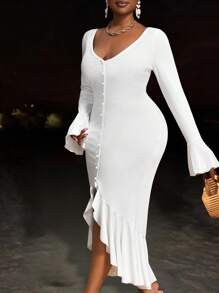 Slaydiva 2025 Spring/Summer Plus Size Women Long Sleeve V-Neck Wavy Patchwork Midi Dress - White, Suitable For Graduation Party, Music Festival, Date, Vintage Western Vacation, Road Trip, Tropical Vacation, Beach Vacation, Elegant Resort - White - View 1