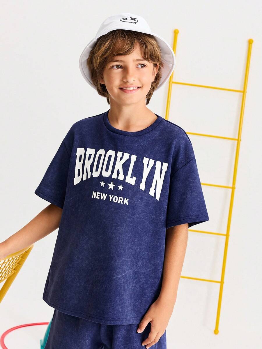 SHEIN Tween Boy Casual Loose Fit Comfortable Letter Print Round Neck T-Shirt And Shorts Set - Blue - View 1