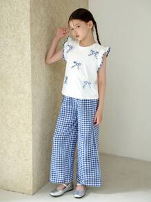 Tween 女童休闲可爱拼布荷叶边格子蝴蝶结装饰盖袖上衣和格子裤套装，适合外出、通勤、春季出游、上学 - 彩色 - 查看 3