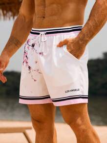 Manfinity Swimmode Quần short đi biển rộng rãi có dây rút eo thường ngày cho nam, mùa hè - Hồng - Xem 5