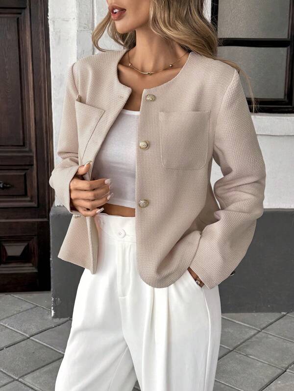 Pariaura Elegancka francuska tkana kurtka z okrągłym dekoltem i długim rękawem w kolorze zielonym dla kobiet, letnia nowość