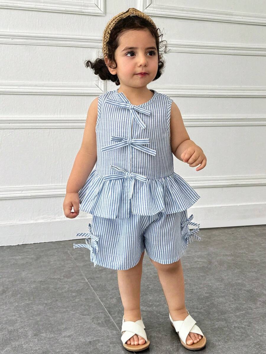 SHEIN Setelan Atasan dan Celana Pendek Tanpa Lengan Kerah Bulat Minimalis Kasual untuk Anak Perempuan - Biru - View 1