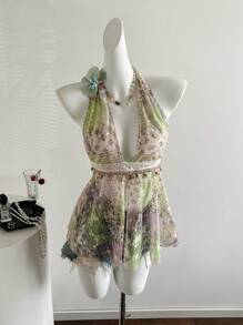 SHEIN Unity Áo yếm cổ yếm vải ren tua rua cho kỳ nghỉ bãi biển mùa hè của phụ nữ - Nhiều màu - Xem 6