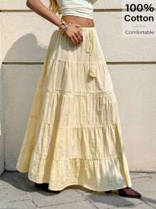 Siren Gaze Falda cinturada color amarillo mantequilla para mujer - Outfits de verano 2025 | Dobladillo con volantes y abertura lateral | Estilo casual para playa, traslado, citas y talla grande | 100% algodón | Moda de otoño y verano