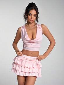 Jeanoix 性感垂坠式颈带短款上衣（粉色），适合春夏季 - 粉色 - 查看 6