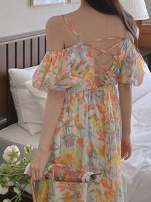 DAZY Vestido largo con hombros descubiertos, mangas abullonadas, estampado floral diminuto y cintura anudada, perfecto para vacaciones