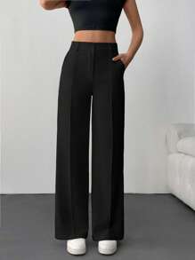 SHEIN Pantalones de pierna ancha con talle alto y diseño entallado, con detalle de costura frontal, diseño acampanado hasta el suelo, colección minimalista moderna, estilo profesional elegante, con pinza central planchada, pantalones para ocasiones formales