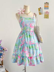 Soleia 女士热带花卉全印花节日休闲连衣裙，后背系带，蝴蝶结，层叠荷叶边下摆，A 字廓形，迷你长度，适合度假、约会、下午茶、音乐节、波西米亚风格 - 彩色 - 查看 4