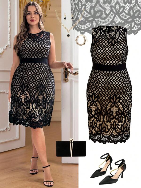 Ellevyn Plus Size Women Elegant Round Neck Lace Summer Dress