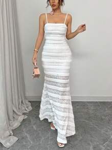 Rafferiza 女士优雅白色蕾丝边细肩带露背系带鱼尾下摆纹理蕾丝长裙 - 白色 - 查看 3