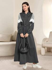 Mulvari 女士时尚拼色连帽休闲运动风卫衣连衣裙，适合日常穿着、上班、返校 - 灰色 - 查看 5