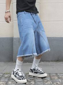 Manfinity EMRG Pantaloni scurți din denim pentru bărbați, cu tiv zdrențuit, lejeri, casual, de 5 inci