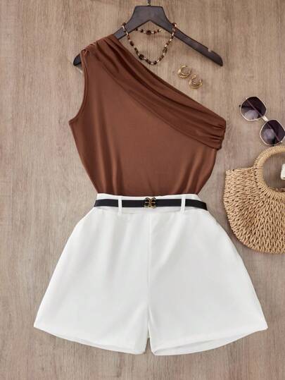 2pcs/Set Teen Girls Summer Asymmetric Shoulder Top And Shorts With Belt Decorative Clothing Set, Fashionable For Commute