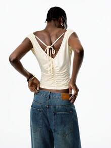 LYSMO 2025 New Arrival Light Yellow Women's Backless Tie Back Ruched Center Drape Neck Solid Color Waist-Fitted Cropped Top, Youthful And Casual, Perfect For Fresh Outfits