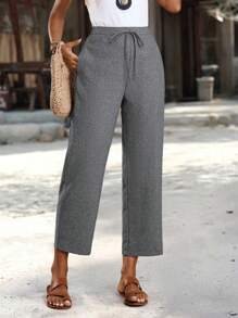 EMERY ROSE Pantalones recortados rectos informales con bolsillo y cintura con lazada en unicolor para mujeres
