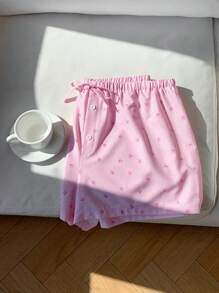 SHEIN EZwear 大码女式优雅条纹印花甜美粉色蝴蝶结低腰弹力短裤，夏季 - 粉色 - 查看 4