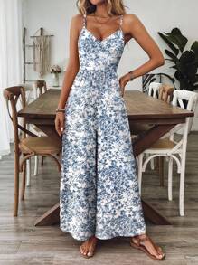 Breezaya Mono informal de mujer sin mangas con estampado floral y espalda descubierta, para primavera/verano - Azul y blanco - Ver 4