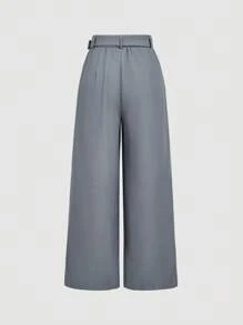 SHEIN MOD 女士宽松休闲灰色系腰阔腿裤，乡村音乐会，可爱，西部装女士，度假，复古，学校，秋季，街头服饰，老钱风格女士，教师，办公室，工作，返校，机场 - 灰色 - 查看 2