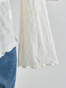 SHEIN 少女度假休闲V领蝴蝶结喇叭袖纹理面料长袖上衣 - 杏色 - 查看 6