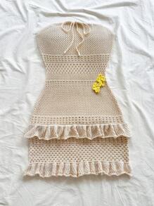 Soleia Nuevo estilo de vestido mini floral con volantes sin tirantes de punto para vacaciones