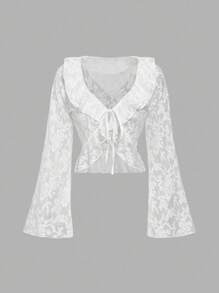 SHEIN MOD Elegant White Autumn Tea Party Set,Women's Vintage Ruffled Top&Multi-Layered Cake Skirt,Lace Bell Sleeves Fairycore Ballet Style Outfit - White - View 8