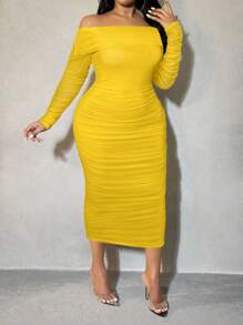 SHEIN SXY Plus Size Elegant Solid Color Off Shoulder Ruched Bodycon Dress Yellow Midi Dress Yellow Bodycon Dress Yellow Ruched Dress - Yellow - View 6