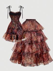 SHEIN MOD 复古油画蝴蝶印花华丽二合一连衣裙，配有可拆卸裙摆和分层蛋糕下摆 - 宫廷风格、生日礼服、巡航礼服、适合约会、派对、节日、茶会和舞会的分层服装 - 棕色 - 查看 10