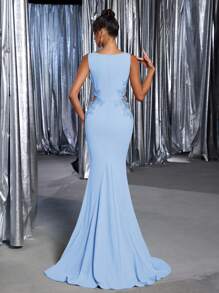 Glamrae Vestido longo sereia elegante em tricô com decote canoa, bordado floral 3D e recorte na cintura, ideal para encontros, festas, formaturas, casamentos, ocasiões formais, eventos noturnos e Dia dos Namorados. Perfeito para encontros românticos, festas de solteiro(a), formaturas, casamentos, eventos formais, noites especiais e para o Dia dos Namorados. - Azul - Ver 3