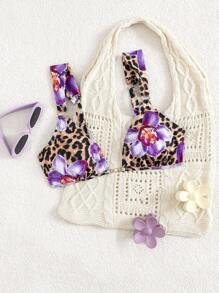 Swim Vcay Áo bơi họa tiết da báo và cây nhiệt đới ngẫu nhiên cho nữ, dây đeo dày, trang trí ngọc trai - Nhiều màu - Xem 1