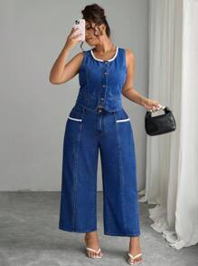 Elenzga Modische lässige ärmelloser Denim Jacke mit Perlendekor für Große Größen