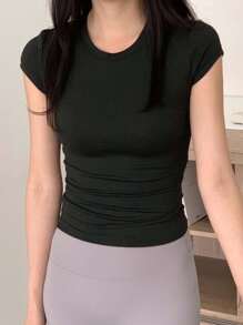 DAZY 女士休闲基本款圆领运动瑜伽 T 恤，黑色，夏季 - 黑色 - 查看 5