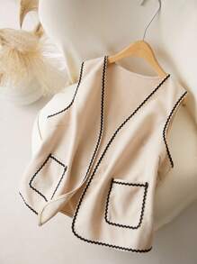 CosyJoli Plus Size Summer Casual Colorblock Trim Sleeveless Jacket Autumn Winter Clothes For Women - Apricot - View 2