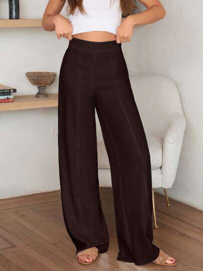 Cloudara High-Waisted Contrast Stitch Linen Pants, Contrast Topstitching Detail, Tailored Fit, Decorative Vertical Seam Lines, Premium Quality Summer Collection, Modern Resort Wear Design, Natural Fabric Composition, Clean-Cut Minimalist Style, Luxury Casual Trousers