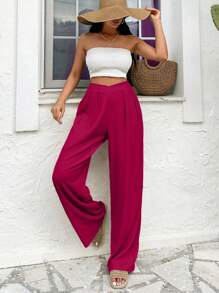 Plus Size High Waist Wide Leg Solid Color Casual Vacation Pants