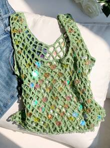 SHEIN EZwear Women's Summer Vacation Hand-Crocheted Heavy Beaded Camisole Sexy Tops Women
