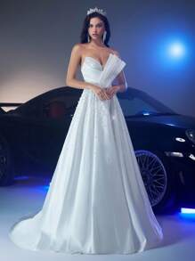 Glamrae 优雅浪漫的白色亮面缎面不对称露肩设计奢华珍珠缀饰 A 字长裙，配有可调节腰带，适合教堂婚礼、花园婚礼、海滩婚礼、新娘礼服 - 白色 - 查看 6