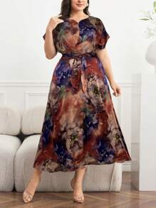 Modelyn Plus Size Elegant Floral Print Dress, Summer - Brown - View 3