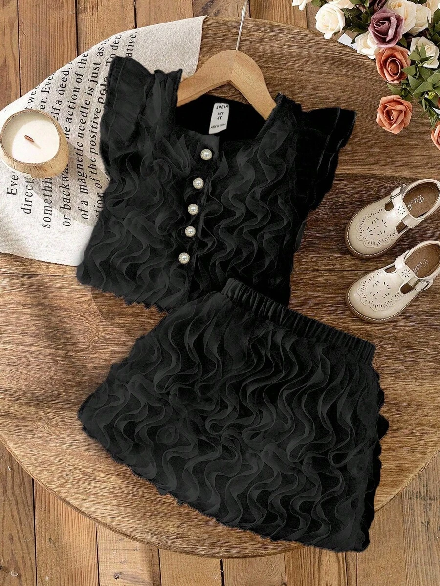 SHEIN Conjunto de 2 piezas para niña de estilo coreano elegante para verano: Blusa de manga corta con estampado floral + Falda, lindo y dulce