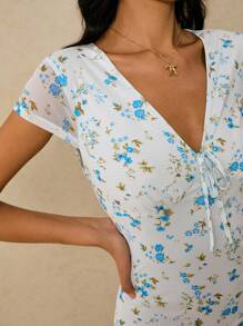 Poéselle 女式碎花系带短袖迷你连衣裙，度假装 - 藍色 - 查看 4