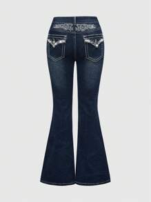 ROMWE Goth Women's Fashion Rhinestone Wing Embroidery Washed Flared Low Waist Jeans