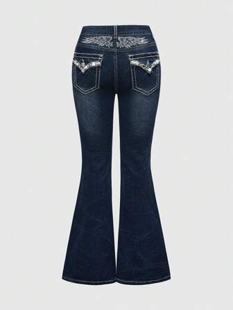 Goth Jeans acampanados con lavado, bordado de alas de , moda para mujer