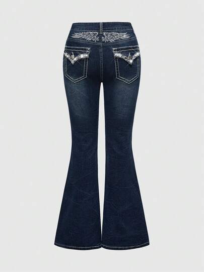 Goth Jeans de tiro bajo con alas bordadas de strass y efecto lavado para mujer