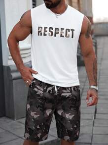 Manfinity Homme 大码男士字母印花圆领背心和迷彩短裤休闲套装，夏季