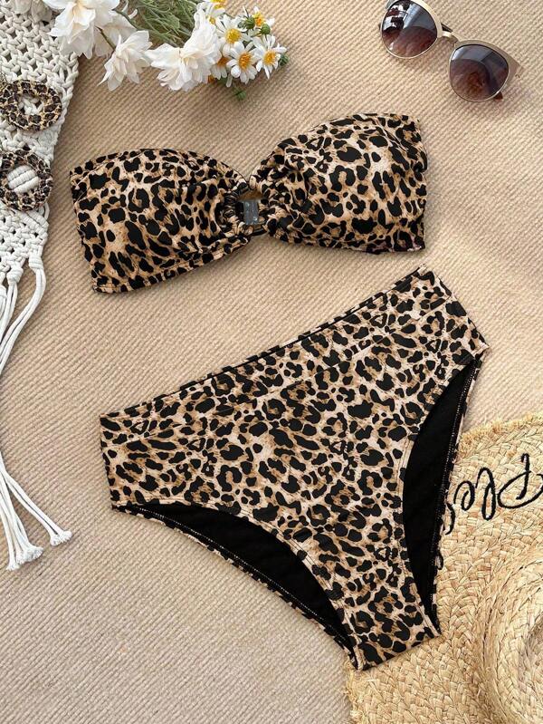 SHEIN VCAY Women Leopard Print Bandeau Strapless Bikini Top And Bottoms Swimwear Set For Summer Beach Vacation,Summer Clothes,Valentine Day,Vacation Outfits Woman,Beach Outfits For Woman, Festival,Romantic,Bohemian,BOHO, Sweet,Coquette,Rave Outfits Festival,Tropical Vacation Woman Clothes,Carnaval,Swim Suits For Women,Bathing Suits Women