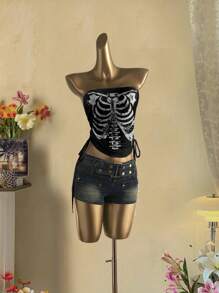 Attitoon Women's Punk Style Retro Splatter Paint Skull Print Cropped Tube Top With Tie Front, Suitable For Summer Music Festivals Back To School Skeleton Tube Top Gothic Clothing Edgy Clothes Woman - Multicolor - View 6