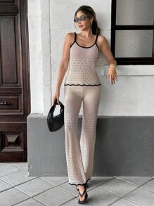 Pariaura 2 Stücke Damen Gestrickter Träger-Top und Hosen Set, Kontrastfarbige Verzierung