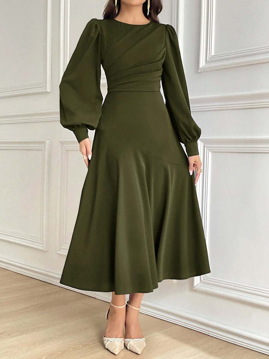 Modelyn 勃艮第红色女士纯色圆领灯笼袖褶皱优雅中长连衣裙,秋季长款晚礼服 - 橄欖綠 - 查看 1