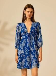 CAJUNI Váy voan ngắn tay bồng in họa tiết vẹt, hoa mẫu đơn và cây nhiệt đới dành cho nữ, váy mùa hè dành cho nữ, váy mùa hè, váy thanh lịch dành cho nữ, váy mùa hè, váy nữ, váy mùa hè, váy xanh dành cho nữ, váy dài tay, váy mùa thu, váy Hoco, váy xanh nhạt dành cho nữ - Nhiều màu - Xem 6