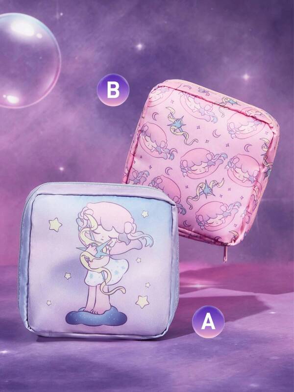 Pop Mart Azura X SHEIN 1pc/1set Cartoon Graphic Polyester Fiber Storage Bag, Can Be Used As A Feminine Hygiene Storage Bag, Digital Storage Bag, Small Item Storage Bag
