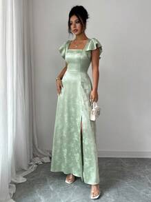 Elenzga 春夏女士方领、荷叶边袖、束腰蝴蝶结连衣裙，下摆开衩，采用闪亮的绿色纹理面料，适合休闲、工作和伴娘、舞会、毕业典礼等特殊场合；舒适、时尚、超值 - 綠色 - 查看 6